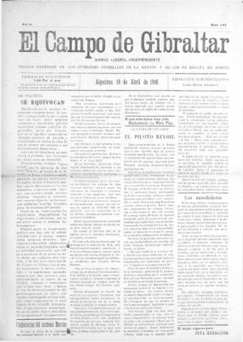 'El Campo de Gibraltar  : Diario liberal independiente' - Año II Número 142 - 1916 abril 19