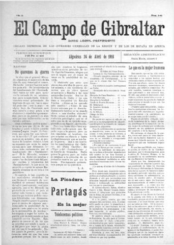 'El Campo de Gibraltar  : Diario liberal independiente' - Año II Número 145 - 1916 abril 24
