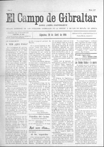 'El Campo de Gibraltar  : Diario liberal independiente' - Año II Número 147 - 1916 abril 26