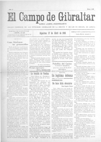 'El Campo de Gibraltar  : Diario liberal independiente' - Año II Número 148 - 1916 abril 27