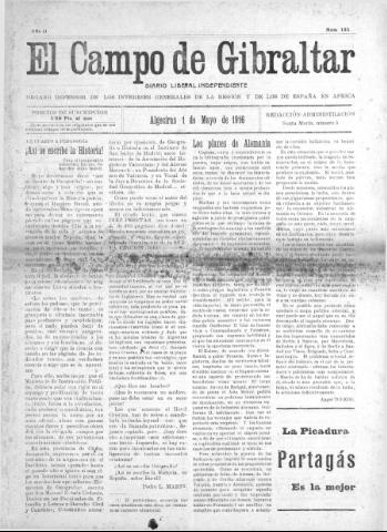'El Campo de Gibraltar  : Diario liberal independiente' - Año II Número 151 - 1916 mayo 1