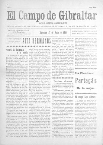 'El Campo de Gibraltar  : Diario liberal independiente' - Año II Número 200 - 1916 junio 27