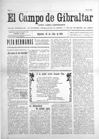 'El Campo de Gibraltar  : Diario liberal independiente' - Año II Número 225 - 1916 julio 26