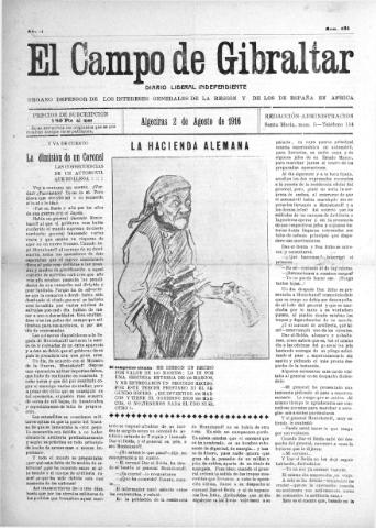 'El Campo de Gibraltar  : Diario liberal independiente' - Año II Número 231 - 1916 agosto 2