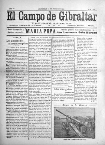 'El Campo de Gibraltar  : Diario liberal independiente' - Año IV Número 813 - 1918 junio 11