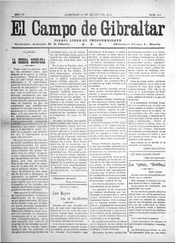 'El Campo de Gibraltar  : Diario liberal independiente' - Año IV Número 874 - 1918 agosto 16