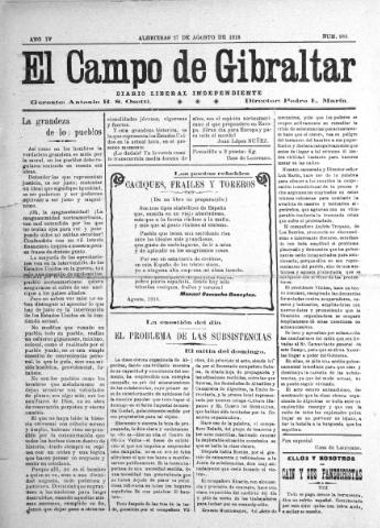 'El Campo de Gibraltar  : Diario liberal independiente' - Año IV Número 883 - 1918 agosto 27