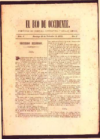 'El Eco del occidente Periódico de ciencias, literatura y bellas artes' - Año I Número 8 - 19/09/1852