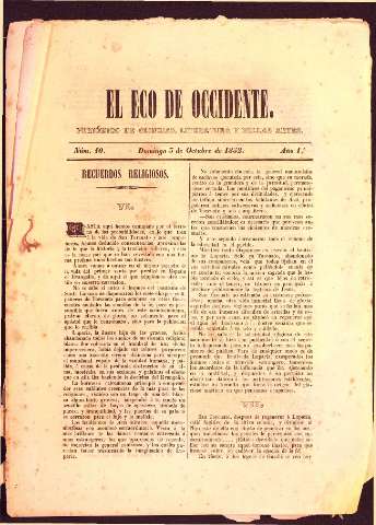 'El Eco del occidente Periódico de ciencias, literatura y bellas artes' - Año I Número 10 - 03/10/1852