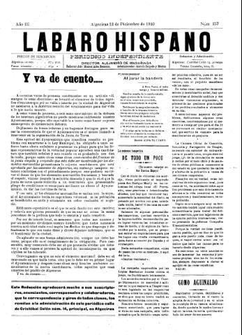 'Lábaro hispano : periódico semanal' - Año III Número 157 - 1920 diciembre 12