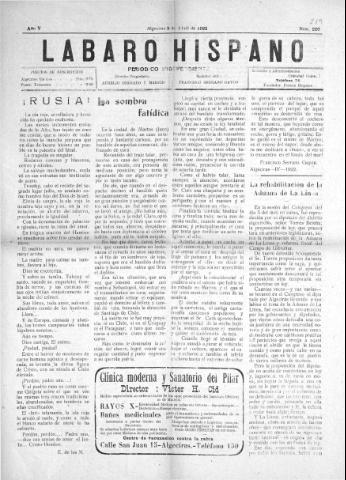 'Lábaro hispano : periódico semanal' - Año V Número 219 - 1922 abril 9