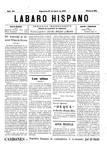 'Lábaro hispano : periódico semanal' - Año VII Número 294 - 1924 abril 27