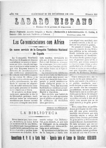 'Lábaro hispano : periódico semanal' - Año VII Número 318 - 1924 diciembre 23