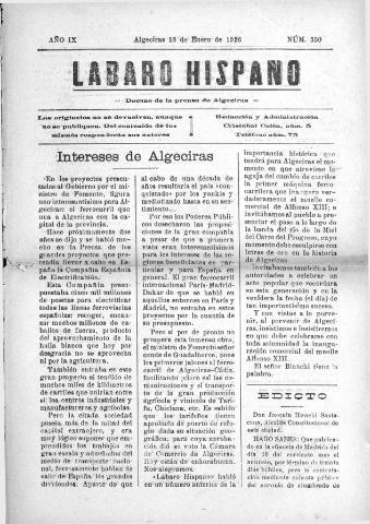 'Lábaro hispano : periódico semanal' - Año IX Número 350 - 1926 enero 18