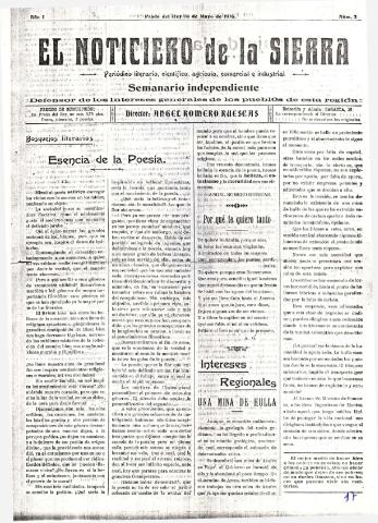 'El Noticiero de la Sierra Periódico literario, científico, agrícola, comercial e industrial' - Año I Número 3 - 1916 mayo 14