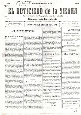 'El Noticiero de la Sierra Periódico literario, científico, agrícola, comercial e industrial' - Año I Número 6 - 1916 junio 4