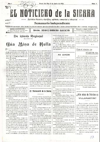'El Noticiero de la Sierra Periódico literario, científico, agrícola, comercial e industrial' - Año I Número 7 - 1916 junio 11