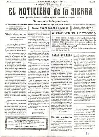 'El Noticiero de la Sierra Periódico literario, científico, agrícola, comercial e industrial' - Año I Número 18 - 1916 agosto 27