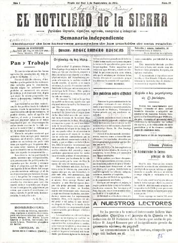 'El Noticiero de la Sierra Periódico literario, científico, agrícola, comercial e industrial' - Año I Número 19 - 1916 septiembre 3