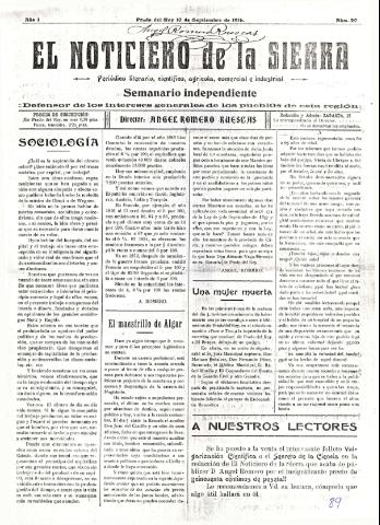 'El Noticiero de la Sierra Periódico literario, científico, agrícola, comercial e industrial' - Año I Número 20 - 1916 septiembre 10
