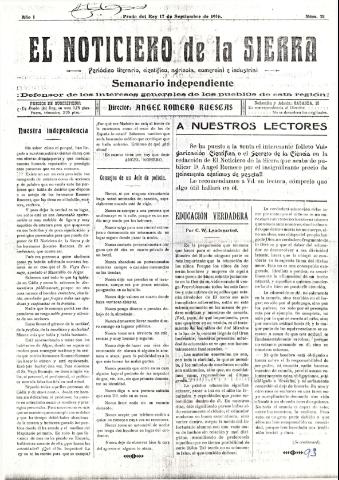 'El Noticiero de la Sierra Periódico literario, científico, agrícola, comercial e industrial' - Año I Número 21 - 1916 septiembre 17
