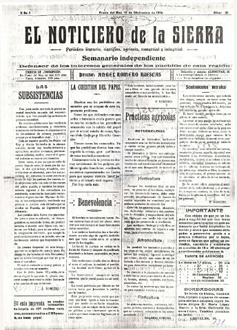'El Noticiero de la Sierra Periódico literario, científico, agrícola, comercial e industrial' - Año I Número 31 - 1916 diciembre 10