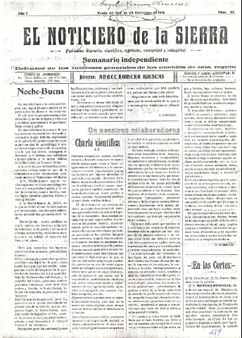 'El Noticiero de la Sierra Periódico literario, científico, agrícola, comercial e industrial' - Año I Número 33 - 1916 diciembre 24