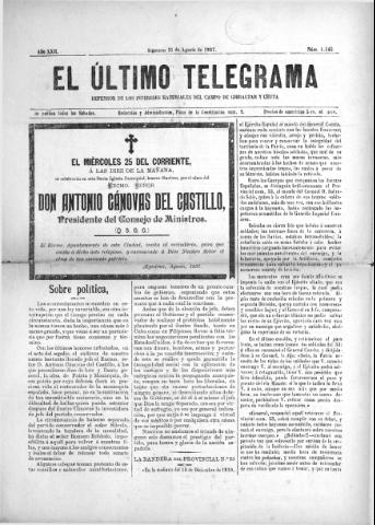 'El Último telegrama : defensor de los intereses materiales del Campo de Gibraltar y Ceuta' - Año XXII Número 1145 - 1897 agosto 21