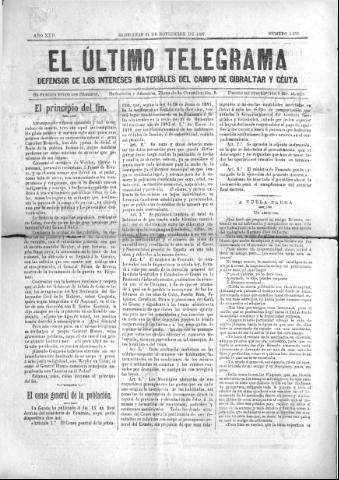 'El Último telegrama : defensor de los intereses materiales del Campo de Gibraltar y Ceuta' - Año XXII Número 1158 - 1897 noviembre 20