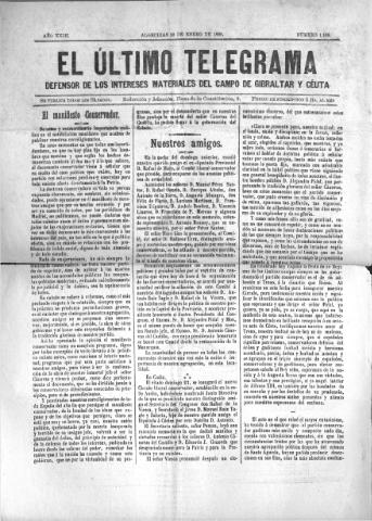 'El Último telegrama : defensor de los intereses materiales del Campo de Gibraltar y Ceuta' - Año XXIII Número 1168 - 1898 enero 29