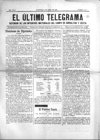 'El Último telegrama : defensor de los intereses materiales del Campo de Gibraltar y Ceuta' - Año XXIII Número 1177 - 1898 abril 2