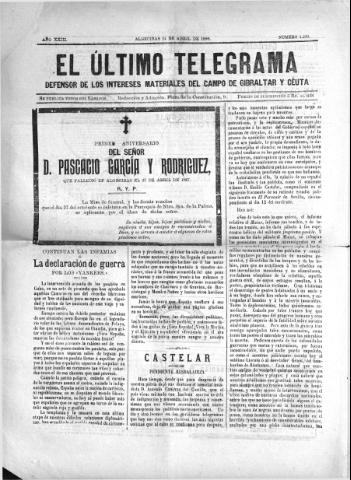'El Último telegrama : defensor de los intereses materiales del Campo de Gibraltar y Ceuta' - Año XXIII Número 1180 - 1898 abril 23