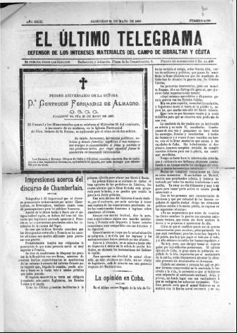 'El Último telegrama : defensor de los intereses materiales del Campo de Gibraltar y Ceuta' - Año XXIII Número 1184 - 1898 mayo 21