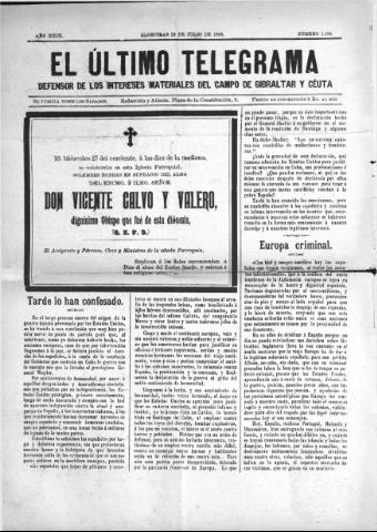 'El Último telegrama : defensor de los intereses materiales del Campo de Gibraltar y Ceuta' - Año XXIII Número 1193 - 1898 julio 23