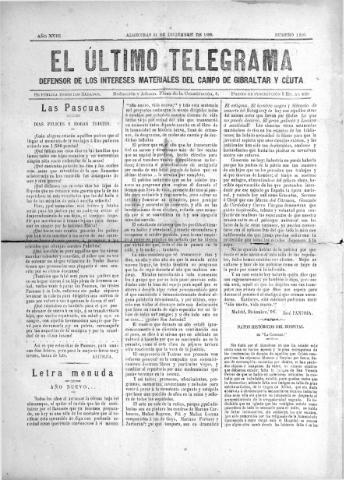 'El Último telegrama : defensor de los intereses materiales del Campo de Gibraltar y Ceuta' - Año XXIII Número 1216 - 1898 diciembre 31