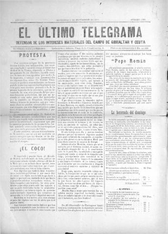 'El Último telegrama : defensor de los intereses materiales del Campo de Gibraltar y Ceuta' - Año XXV Número 1296 - 1900 septiembre 2
