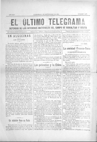 'El Último telegrama : defensor de los intereses materiales del Campo de Gibraltar y Ceuta' - Año XXV Número 1297 - 1900 septiembre 9