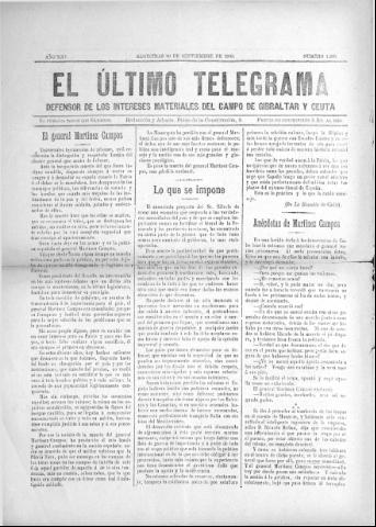 'El Último telegrama : defensor de los intereses materiales del Campo de Gibraltar y Ceuta' - Año XXV Número 1300 - 1900 septiembre 30