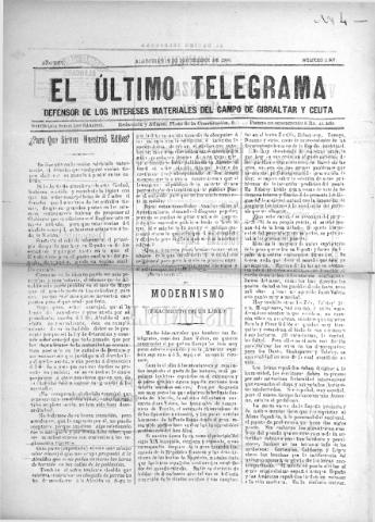 'El Último telegrama : defensor de los intereses materiales del Campo de Gibraltar y Ceuta' - Año XXV Número 1307 - 1900 noviembre 19