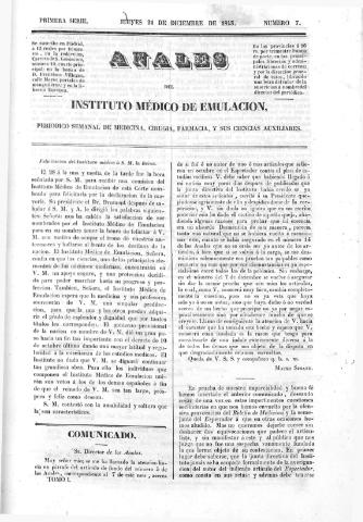 'Anales del Instituto Médico de Emulación :  periódico semanal de medicina, cirugía, farmacia y ciencias afines.' - Serie 1 Número 7 - 1843 diciembre 21