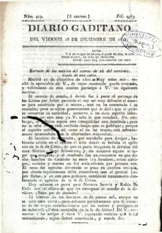 'Diario gaditano de la libertad e independencia nacional, político, mercantil, económico y literario' - Número 459 - 1821 diciembre 28