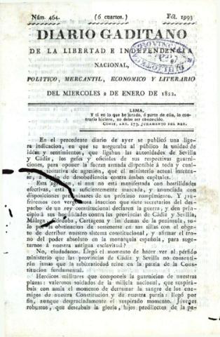 'Diario gaditano de la libertad e independencia nacional, político, mercantil, económico y literario' - Número 464 - 1822 enero 2