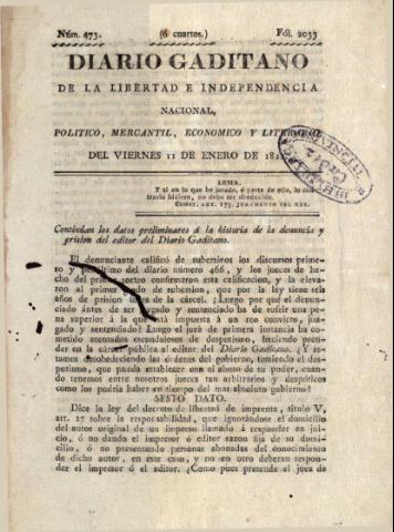'Diario gaditano de la libertad e independencia nacional, político, mercantil, económico y literario' - Número 473 - 1822 enero 11
