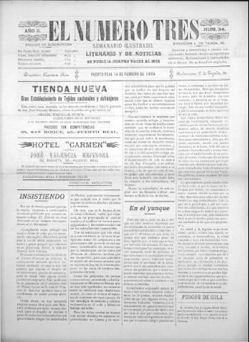'El número tres : Semanario ilustrado, literario y de noticias' - Año 2 Número 34 - 1904 febrero 14