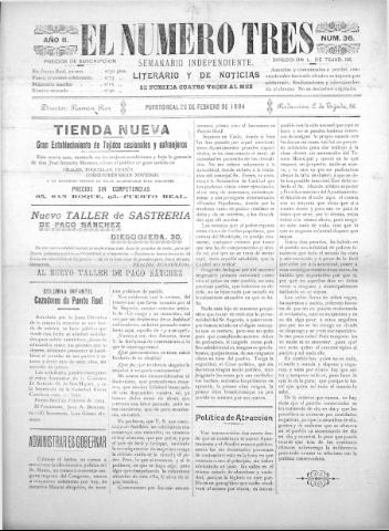 'El número tres : Semanario ilustrado, literario y de noticias' - Año 2 Número 36 - 1904 febrero 28
