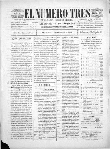 'El número tres : Semanario ilustrado, literario y de noticias' - Año 2 Número 63 - 1904 septiembre 23