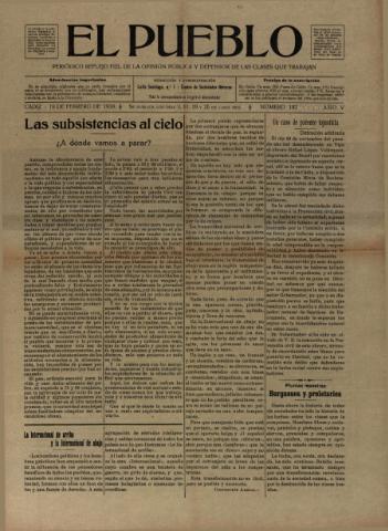 'El Pueblo : periódico político y literario, defensor de las clases jornaleras' - Año 5 Número 192 - 1920 febrero 19