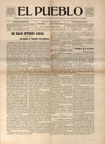 'El Pueblo : periódico político y literario, defensor de las clases jornaleras' - Año 5 Número 201 - 1920 abril 26