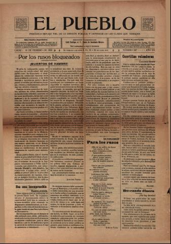'El Pueblo : periódico político y literario, defensor de las clases jornaleras' - Año 7 Número 287 - 1922 febrero 19