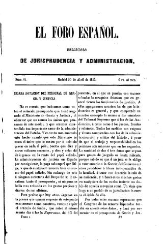 'El Foro español :  periódico de jurisprudencia y administración.' - Tomo 1 Número 11 - 1849 abril 20